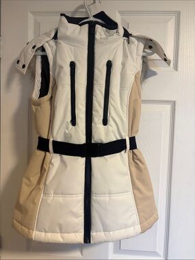 Topshop Two-Tone Puffer Vest in White and Beige with Black Trim
